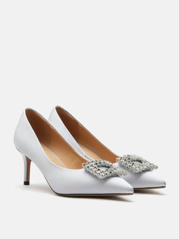 PAZZION, Cara Crystal Embellished Silk Heels, Silver