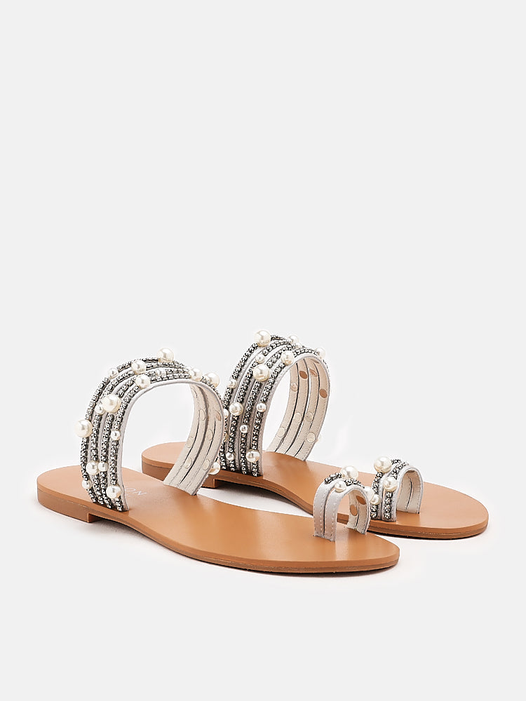 PAZZION, Carys Silk Pearl Sandals, Silver