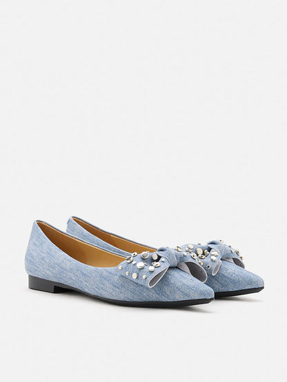 PAZZION, Cassie Denim Studded Bow Flats, Blue