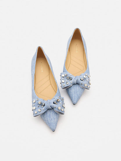 PAZZION, Cassie Denim Studded Bow Flats, Blue