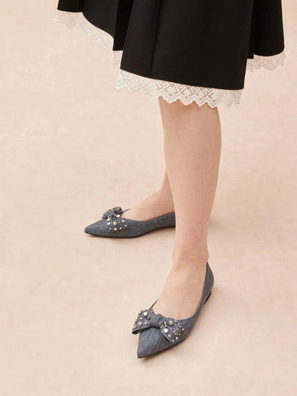 PAZZION, Cassie Denim Studded Bow Flats, Darkblue