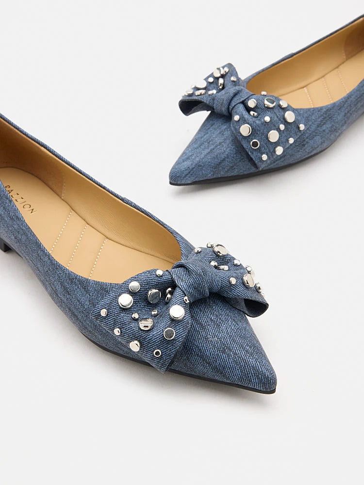 PAZZION, Cassie Denim Studded Bow Flats, Darkblue