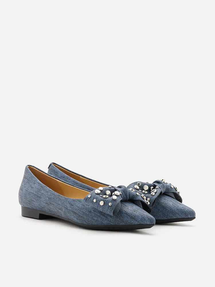 PAZZION, Cassie Denim Studded Bow Flats, Darkblue