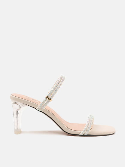 PAZZION, Cecilia Diamante Embellished Multi Strap Crystal Sandal Heels, Beige