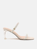 PAZZION, Cecilia Diamante Embellished Multi Strap Crystal Sandal Heels, Beige