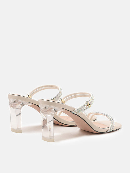 PAZZION, Cecilia Diamante Embellished Multi Strap Crystal Sandal Heels, Beige