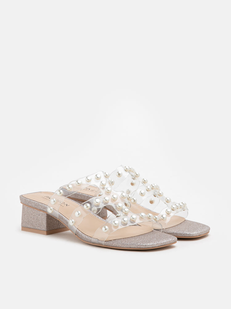 PAZZION, Chelsea Glitter Pearl Cage Heels, Champagne