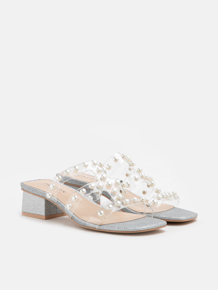 PAZZION, Chelsea Glitter Pearl Cage Heels, Silver