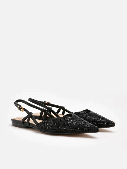 PAZZION, Cindy Crystal Embellished Slingback Ballet Flats, Black