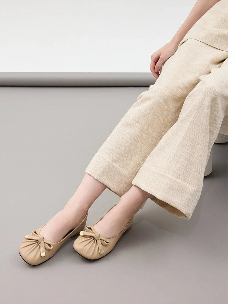 PAZZION, Clarissa Bow Accent Ruched Flats, Almond