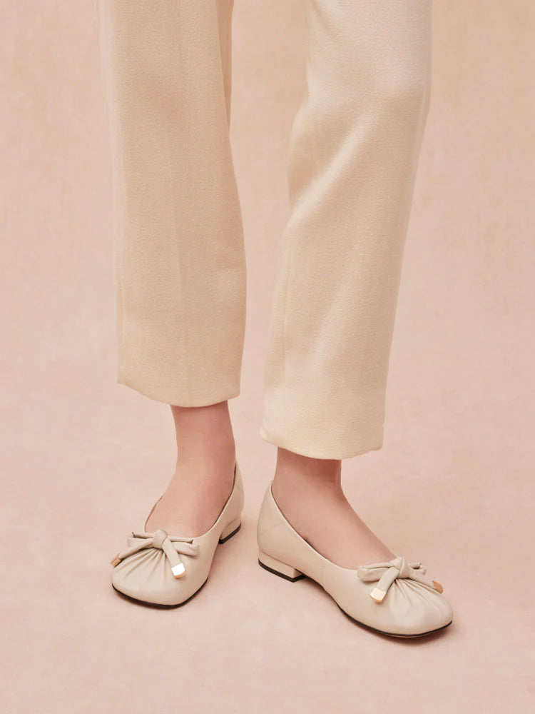 PAZZION, Clarissa Bow Accent Ruched Flats, Beige