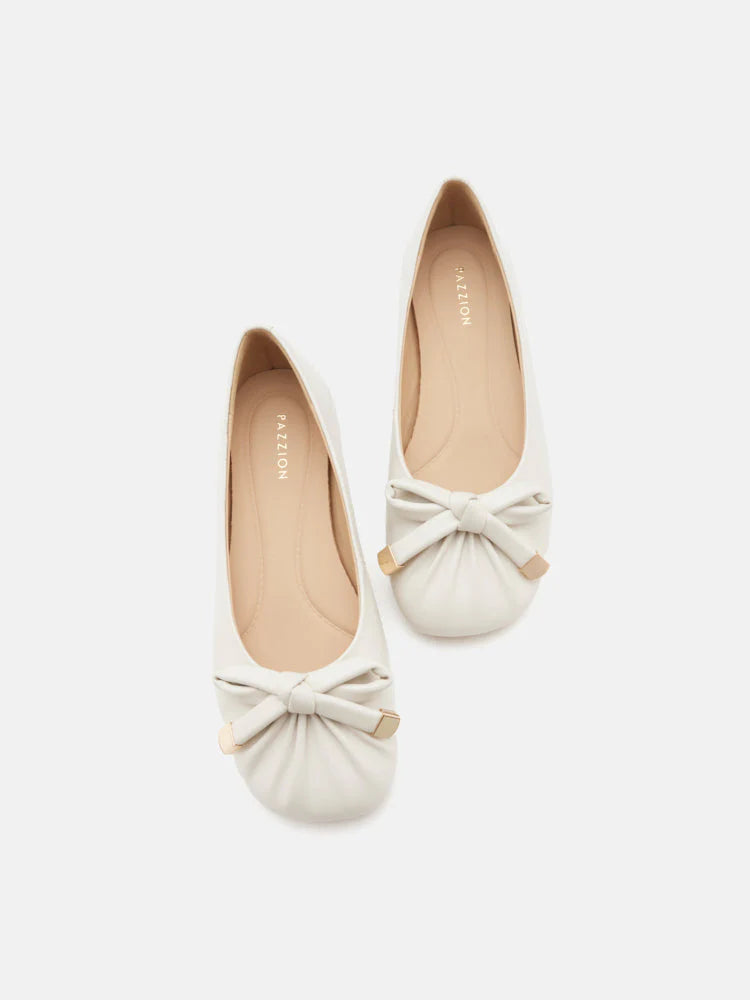 PAZZION, Clarissa Bow Accent Ruched Flats, Beige