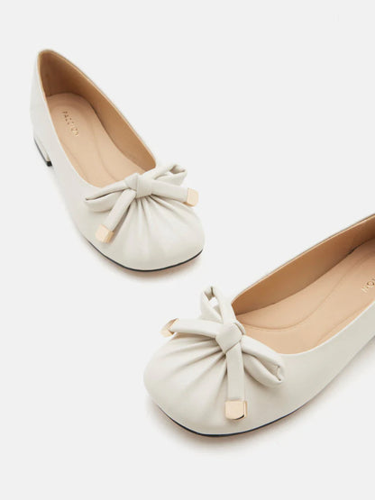 PAZZION, Clarissa Bow Accent Ruched Flats, Beige