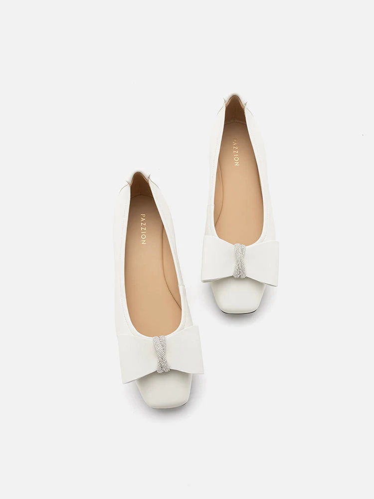 PAZZION, Cora Bow Square-Toe Covered Flats, White