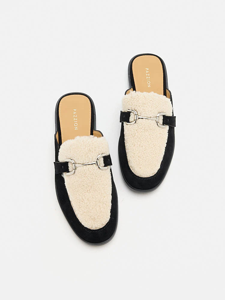 PAZZION, Corene Fur Top Suede Mules, Black