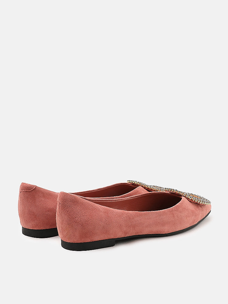 PAZZION, Crystal Buckle Embellished Suede Flats, Pink