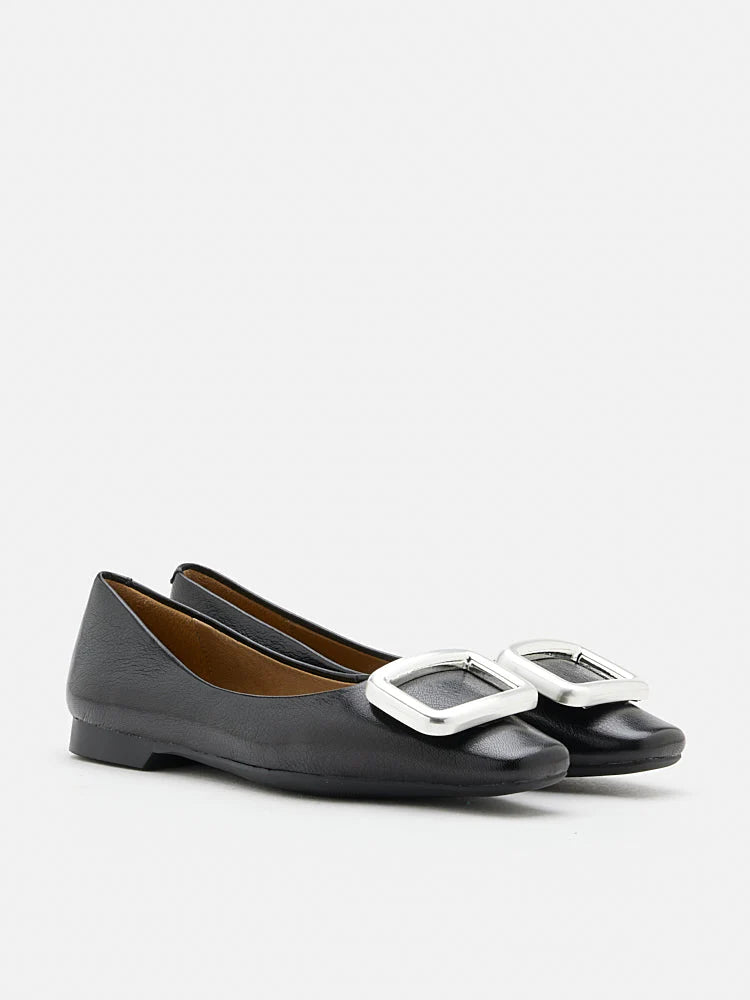 PAZZION, Daeva Silver Buckle Flats, Black