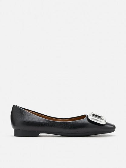 PAZZION, Daeva Silver Buckle Flats, Black