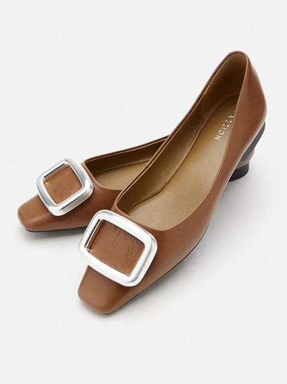 PAZZION, Daeva Silver Buckle Flats, Brown