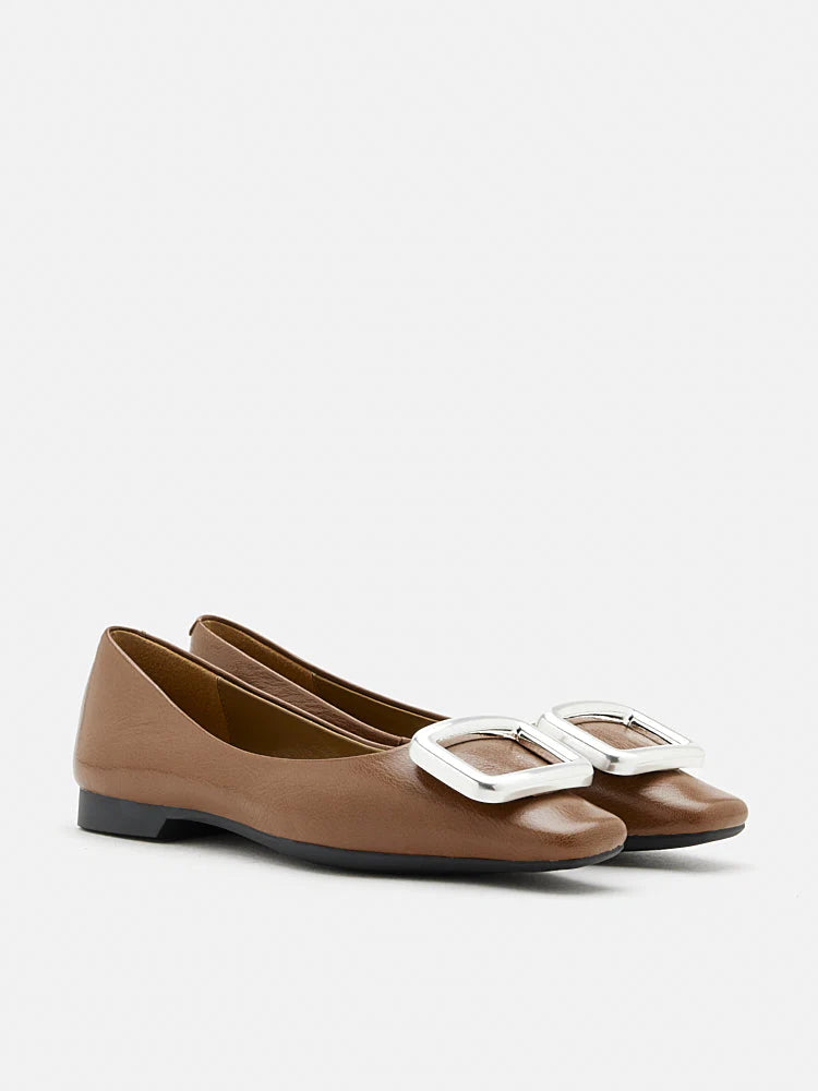 PAZZION, Daeva Silver Buckle Flats, Brown