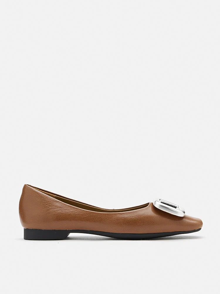 PAZZION, Daeva Silver Buckle Flats, Brown