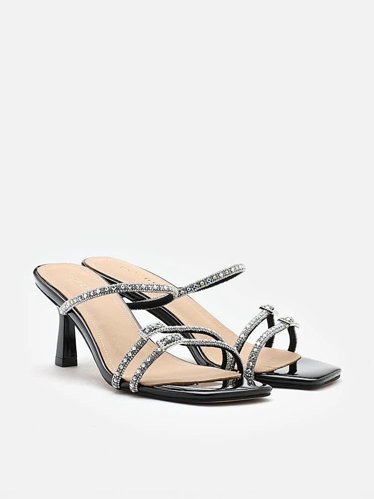 PAZZION, Daira Embellished Buckle Strappy Heels, Black