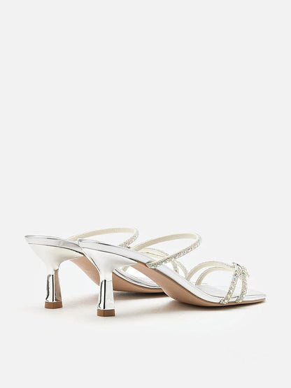 PAZZION, Daira Embellished Buckle Strappy Heels, Silver