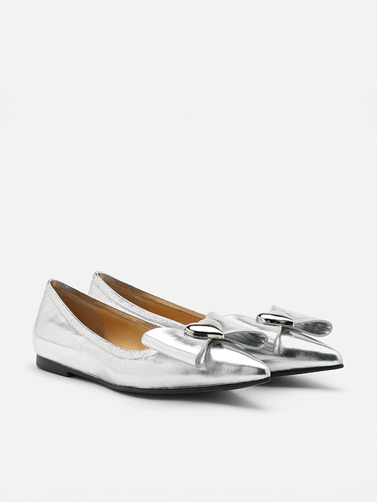 PAZZION, Daisy Hearts and Bow Pointed Toe Metallic Flats, Silver