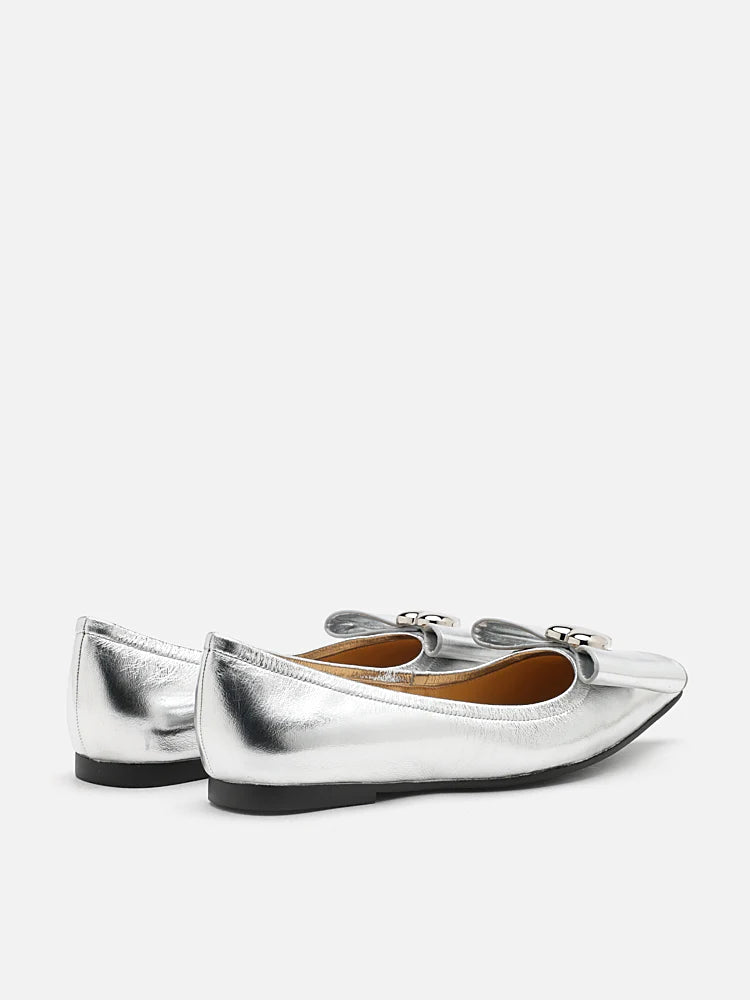 PAZZION, Daisy Hearts and Bow Pointed Toe Metallic Flats, Silver