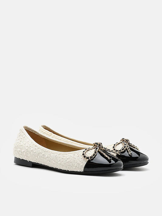 PAZZION, Daisy Tweed Toe Cap Bow Flats, Beige