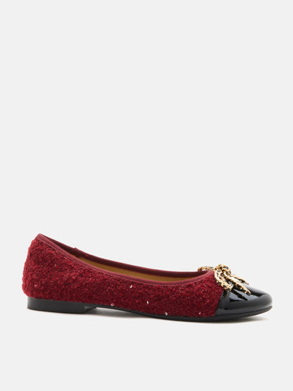 PAZZION, Daisy Tweed Toe Cap Bow Flats, Wine