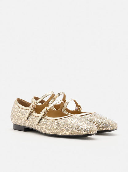 PAZZION, Demi Double Strapped Embellished Mary Janes, Gold