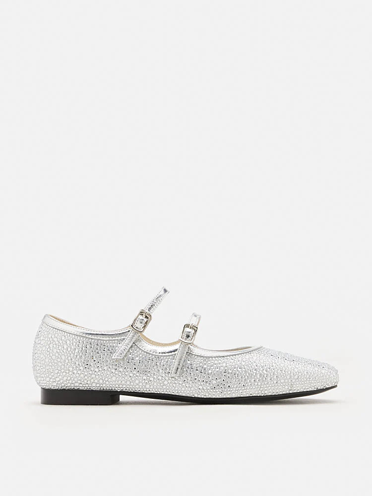 PAZZION, Demi Double Strapped Embellished Mary Janes, Silver