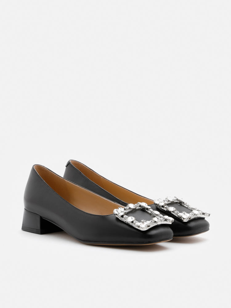 PAZZION, Diamante Buckle Leather Heels, Black