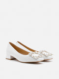 PAZZION, Diamante Buckle Leather Heels, White