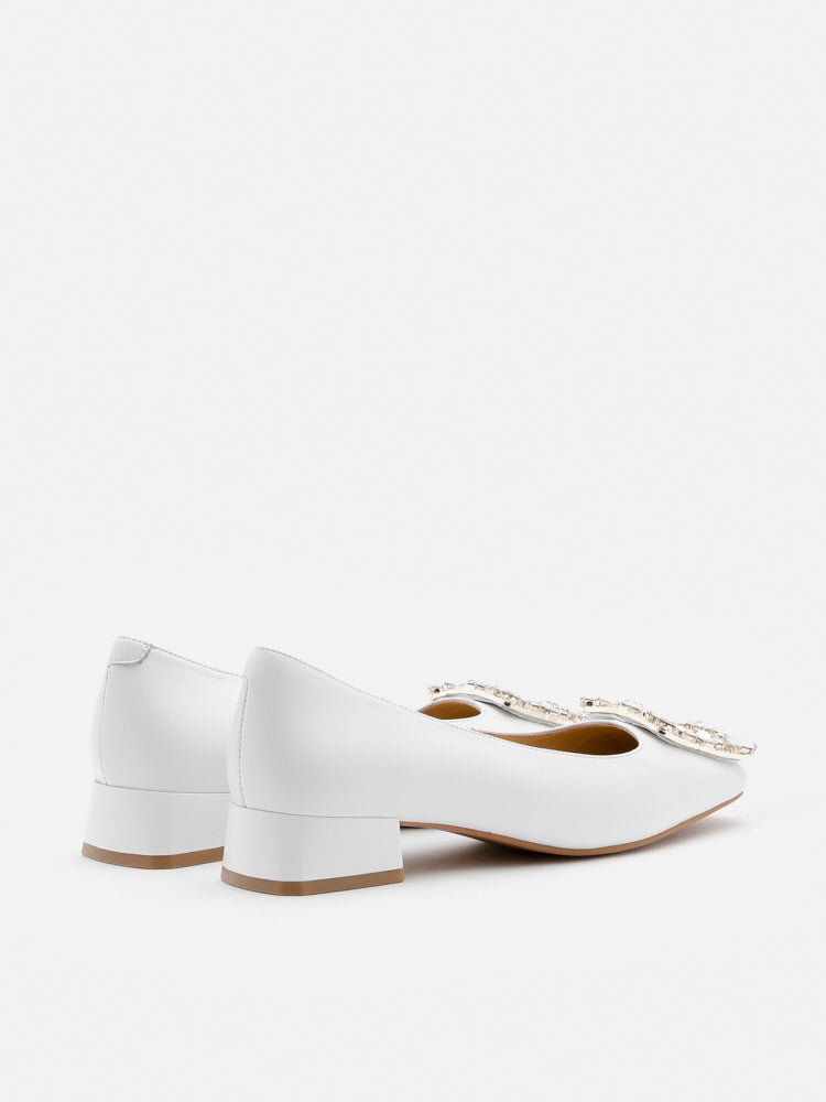 PAZZION, Diamante Buckle Leather Heels, White