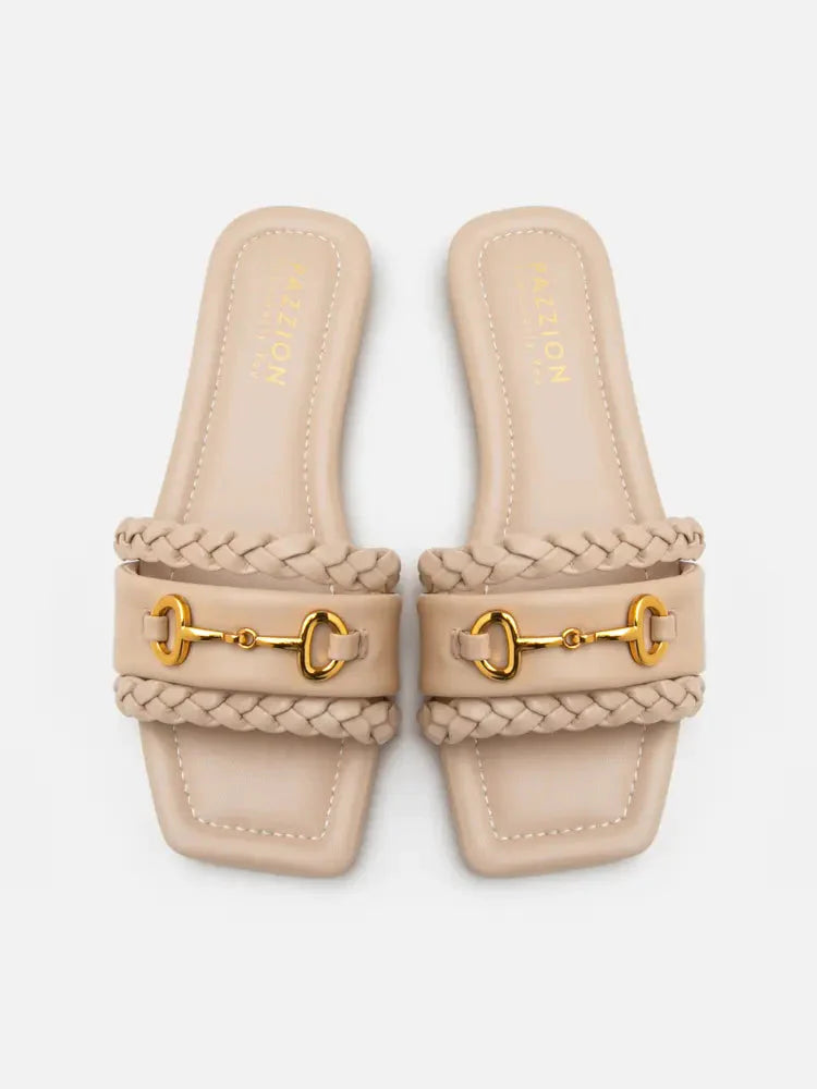 PAZZION, Dione Braided Horsebit Sandals, Almond