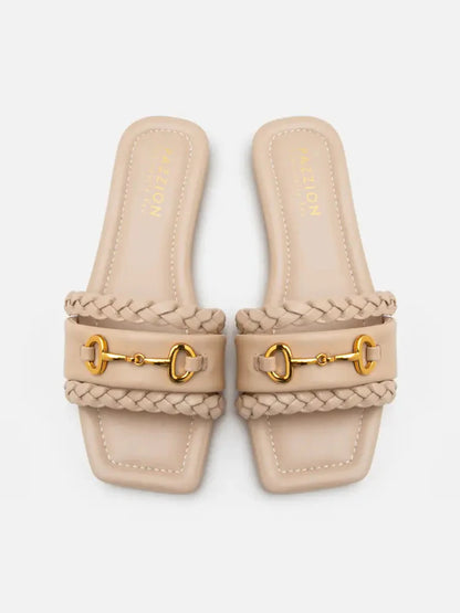 PAZZION, Dione Braided Horsebit Sandals, Almond