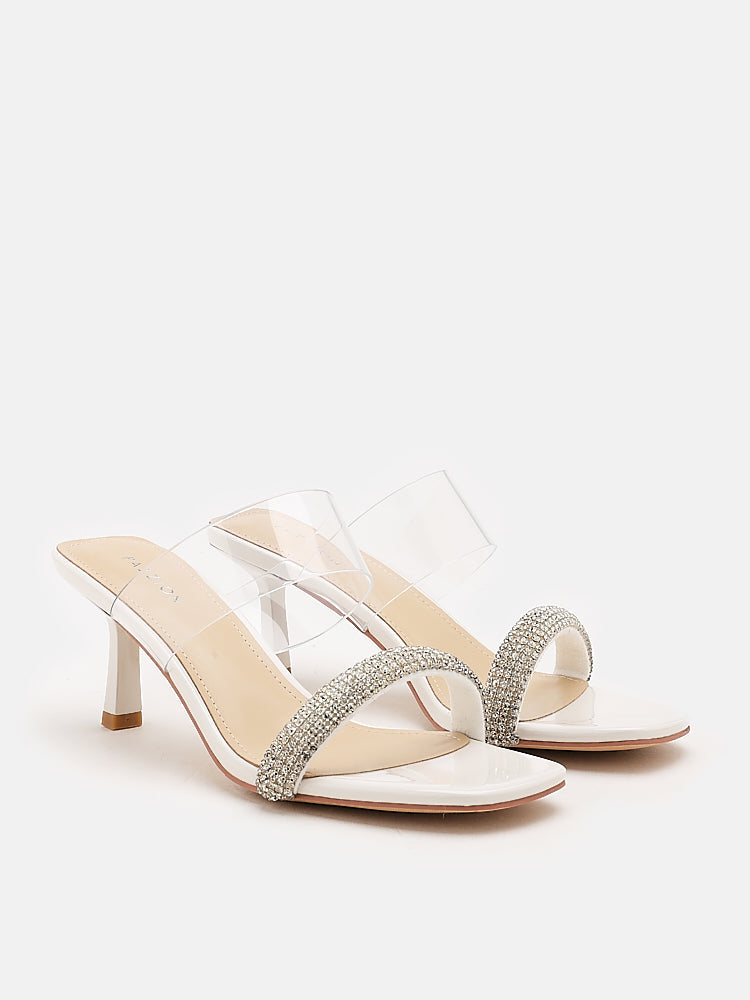 PAZZION, Edra Diamante Clear Strap Heels, White