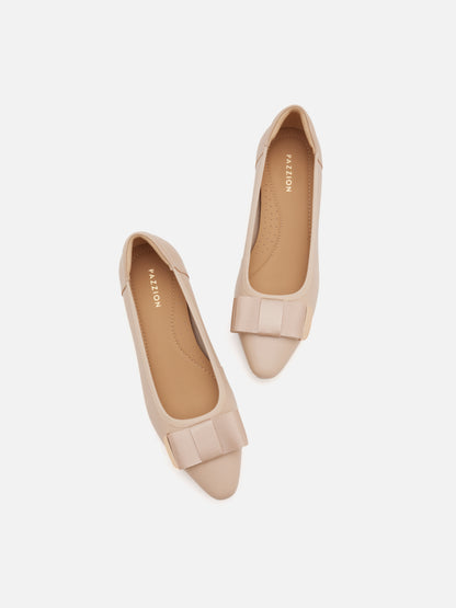 PAZZION, Elaia Point-Toe Bow Buckle Heels, Almond