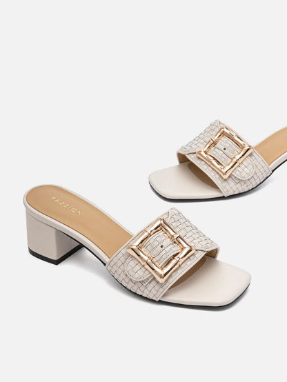 PAZZION, Elarise Woven Buckle Leather Heels, Beige