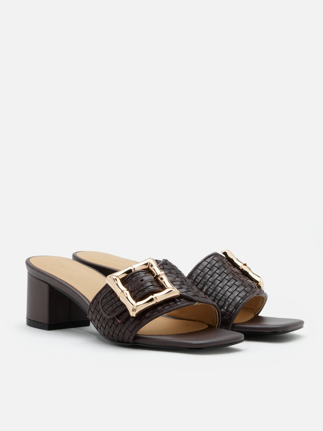 PAZZION, Elarise Woven Buckle Leather Heels, Darkbrown