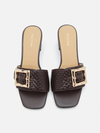 PAZZION, Elarise Woven Buckle Leather Heels, Darkbrown