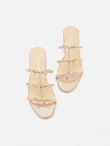 PAZZION, Elena Bow Cage Patent Leather Slides, Almond