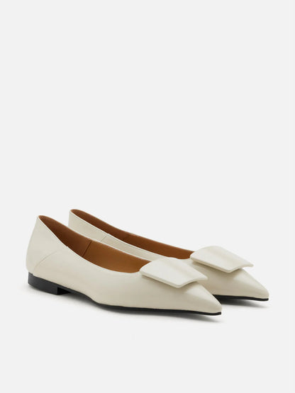 PAZZION, Elie Sculpted Buckle Pointed Toe Flats, Beige