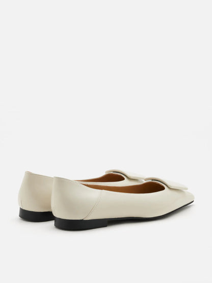 PAZZION, Elie Sculpted Buckle Pointed Toe Flats, Beige