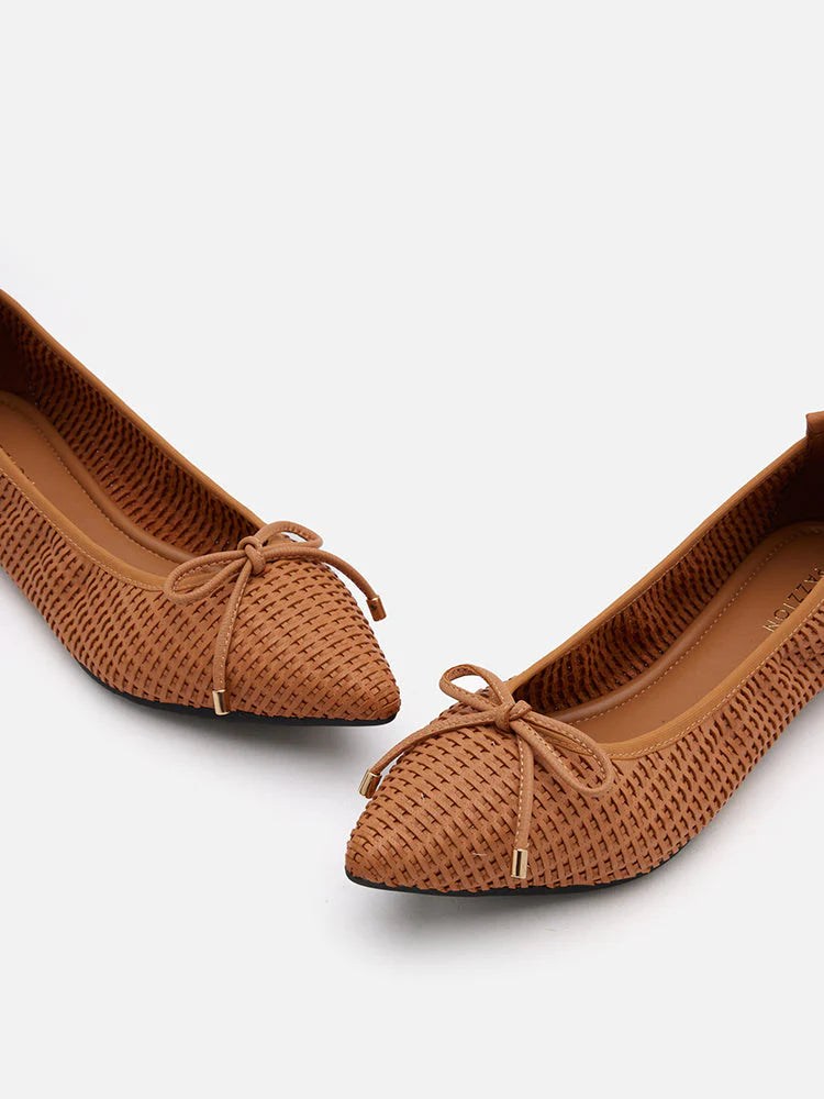 PAZZION, Eliza Weaved Bow Flats, Camel