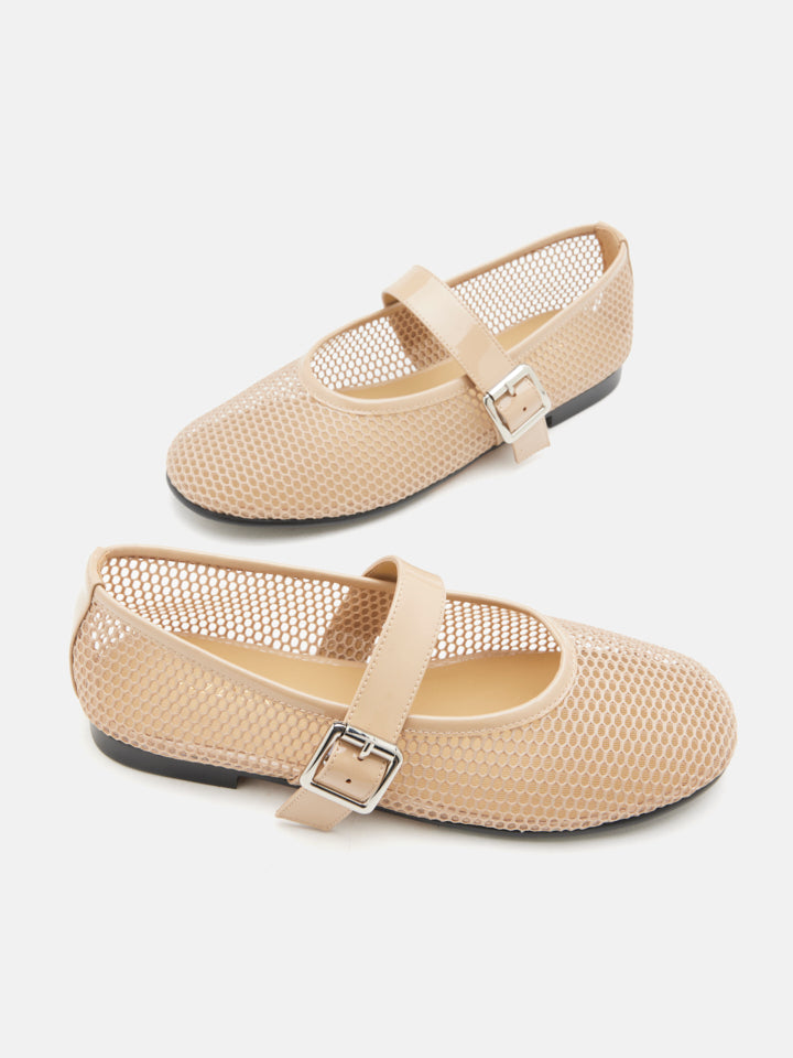 PAZZION, Ellie Mesh Buckled Mary Janes, Almond