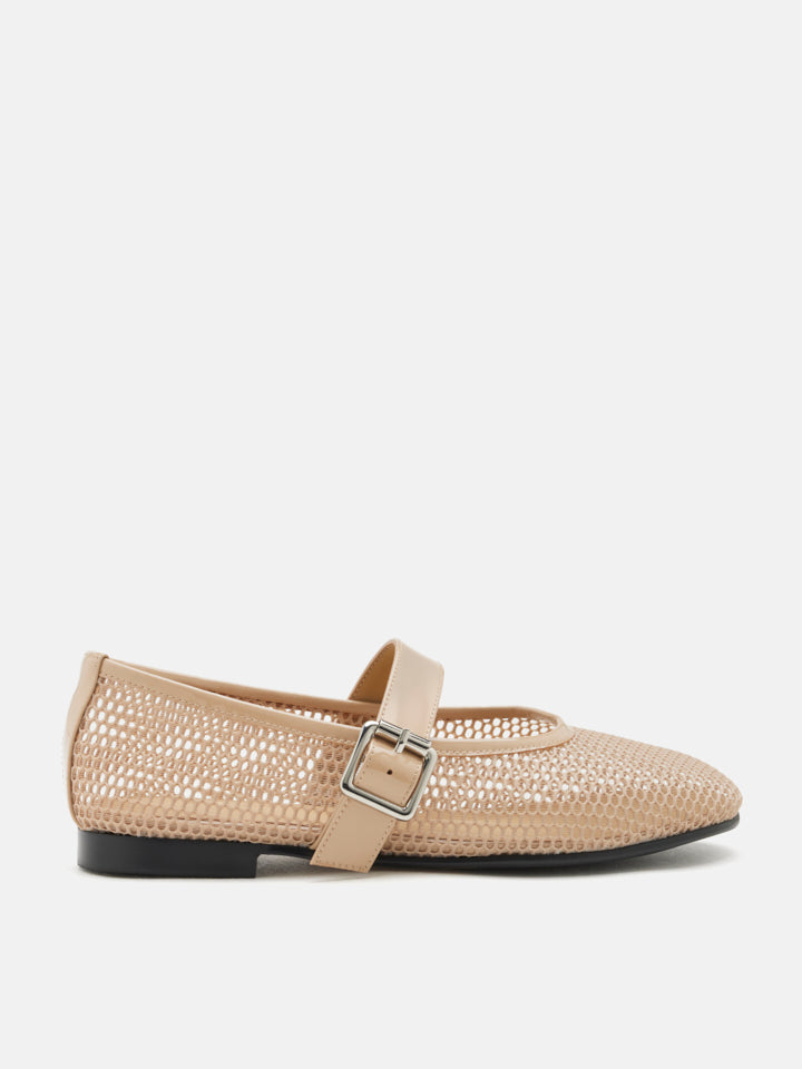 PAZZION, Ellie Mesh Buckled Mary Janes, Almond