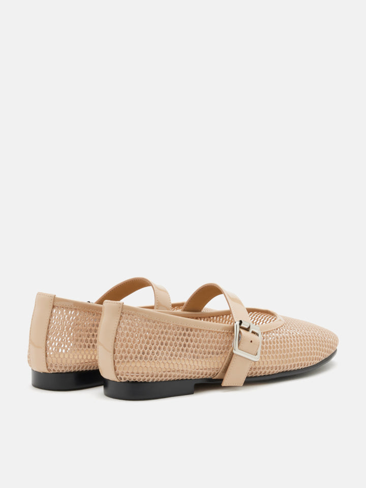 PAZZION, Ellie Mesh Buckled Mary Janes, Almond